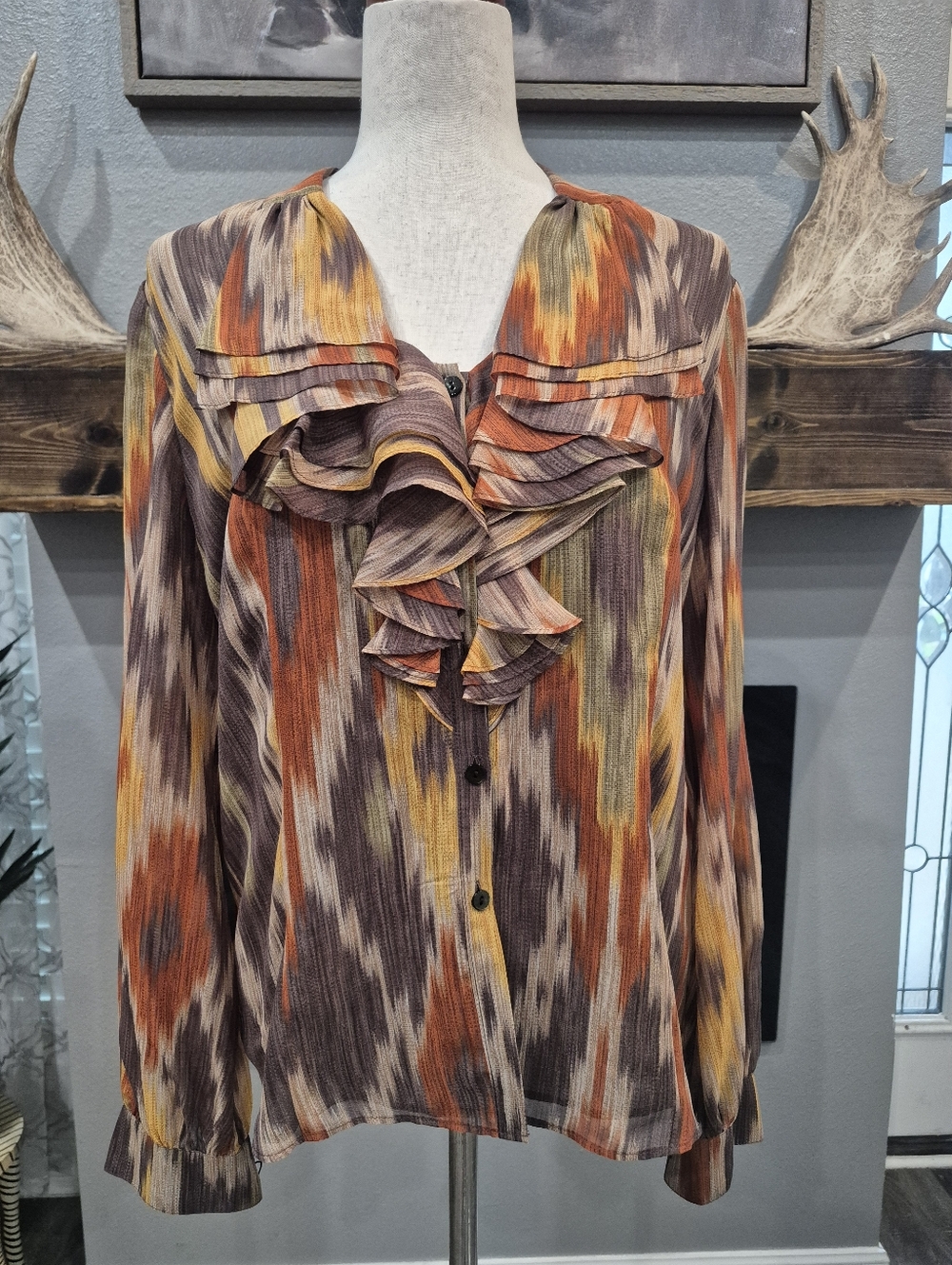Lafayette 148 New York Multi-Color Ruffle Ikat Blouse Size 8 , 100% Silk